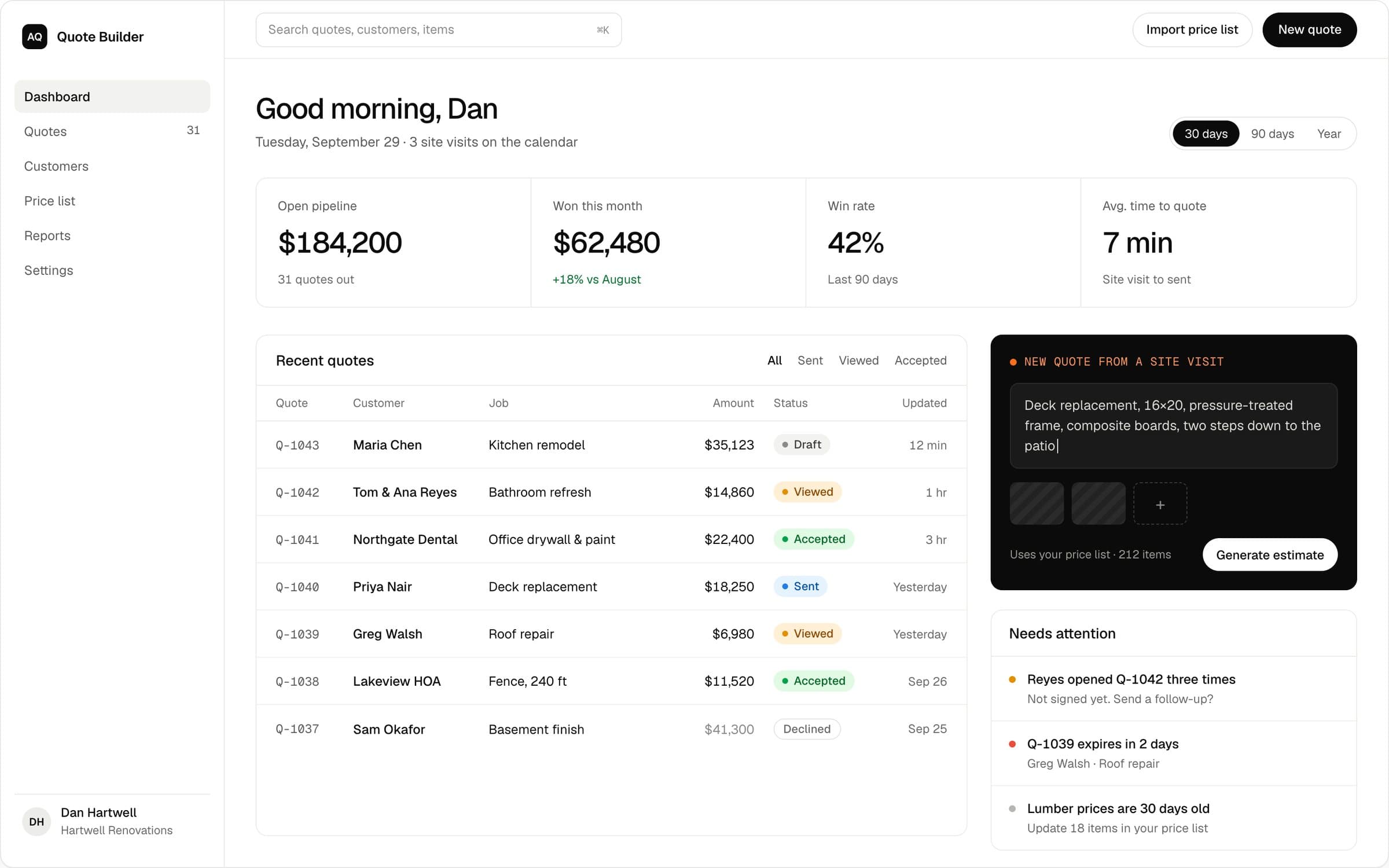 AI Quote Builder for Contractors: Dashboard
