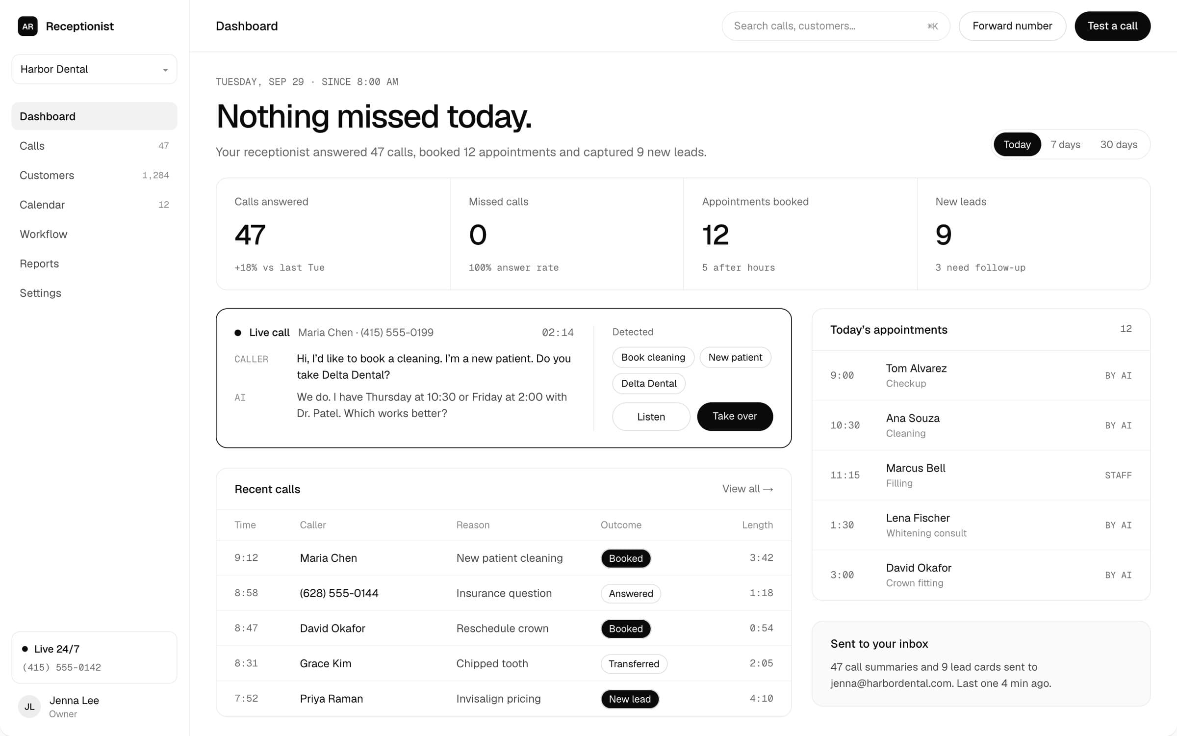 AI Receptionist for Small Businesses: Dashboard
