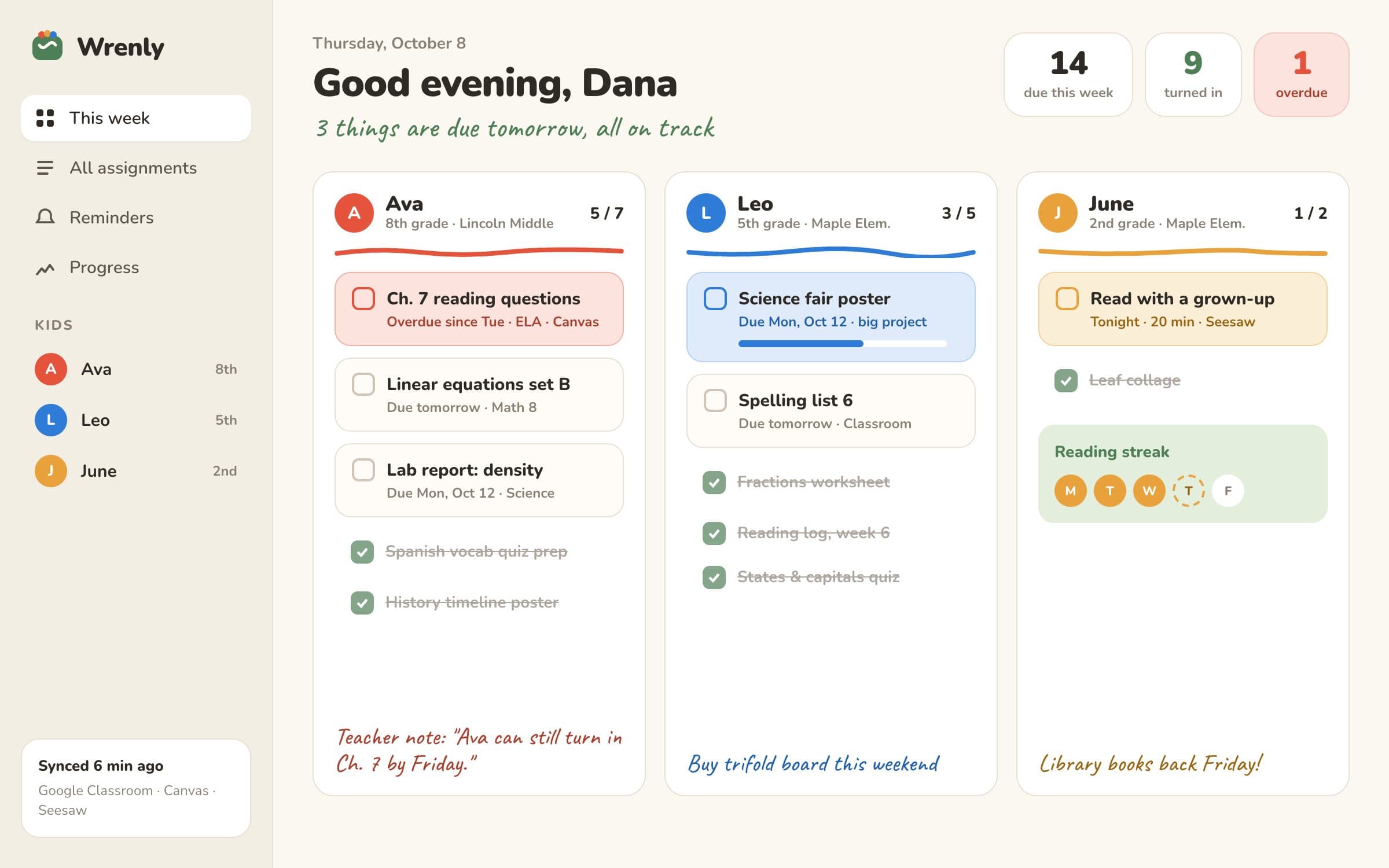 Parent Homework Dashboard: Dashboard