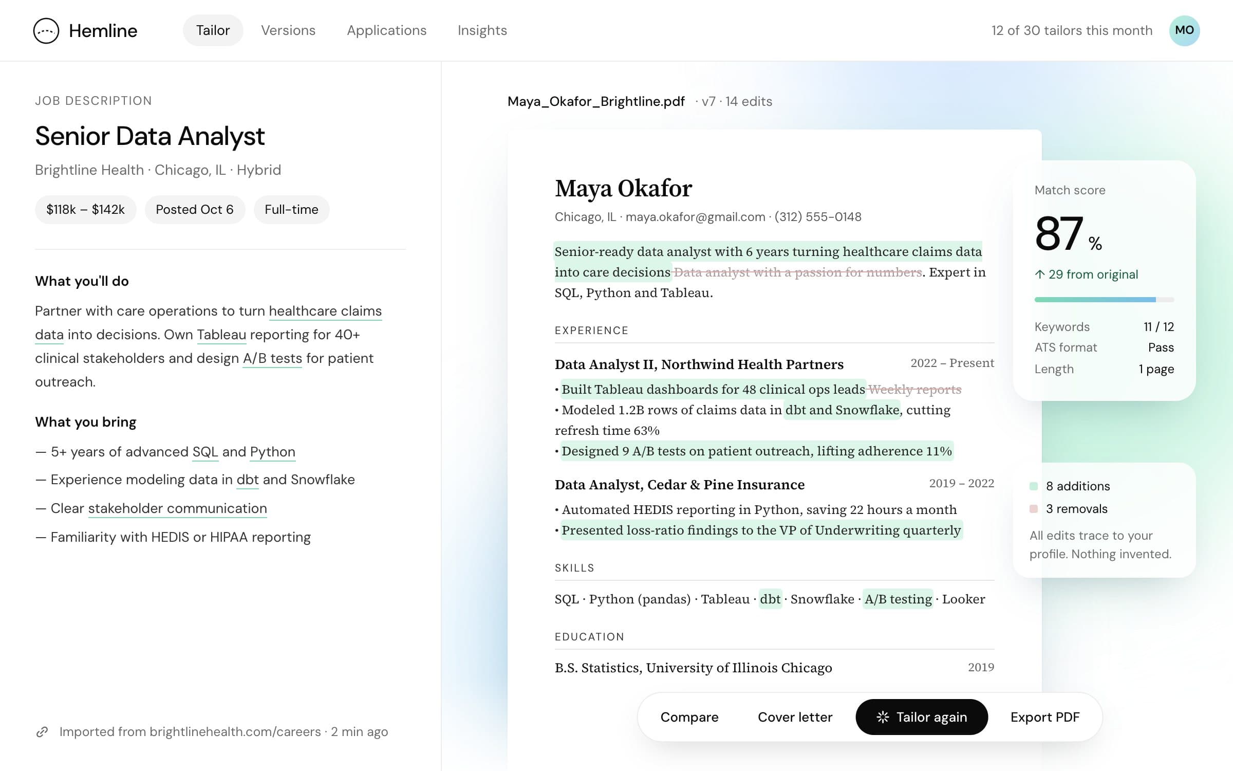 Resume Tailoring App: Dashboard