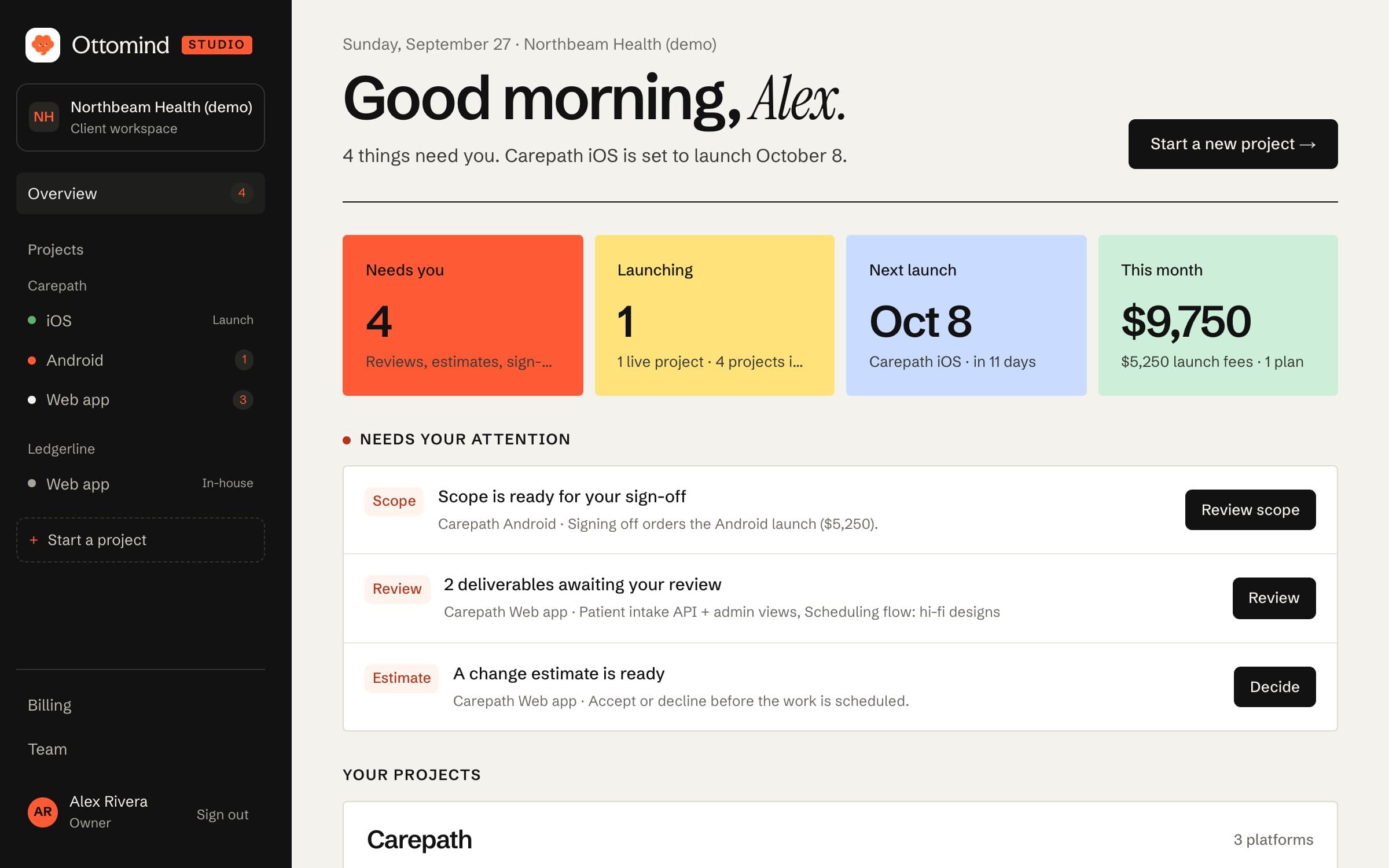 The Ottomind Studio client dashboard for a sample workspace: what needs the client, the next launch, this month’s billing, and the latest updates from the studio.