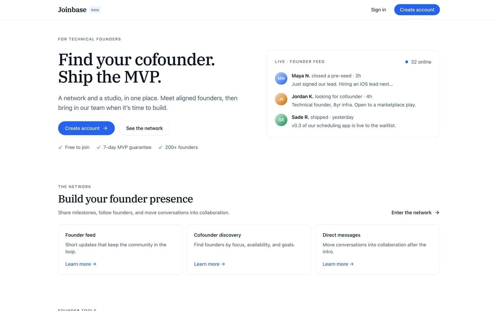 Joinbase homepage on desktop